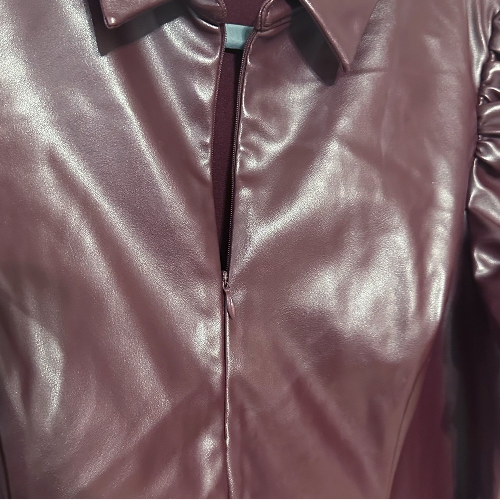 TUCKERNUCK Hyacinth House Burgundy Front Zip Faux Leather Mini Dress - Picture 7 of 9